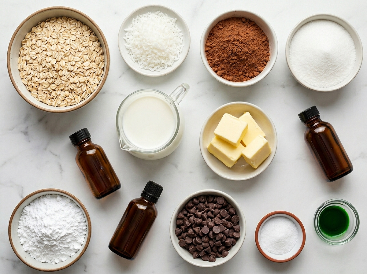 Ingredients for mint chocolate no-bake cookies on a marble counter