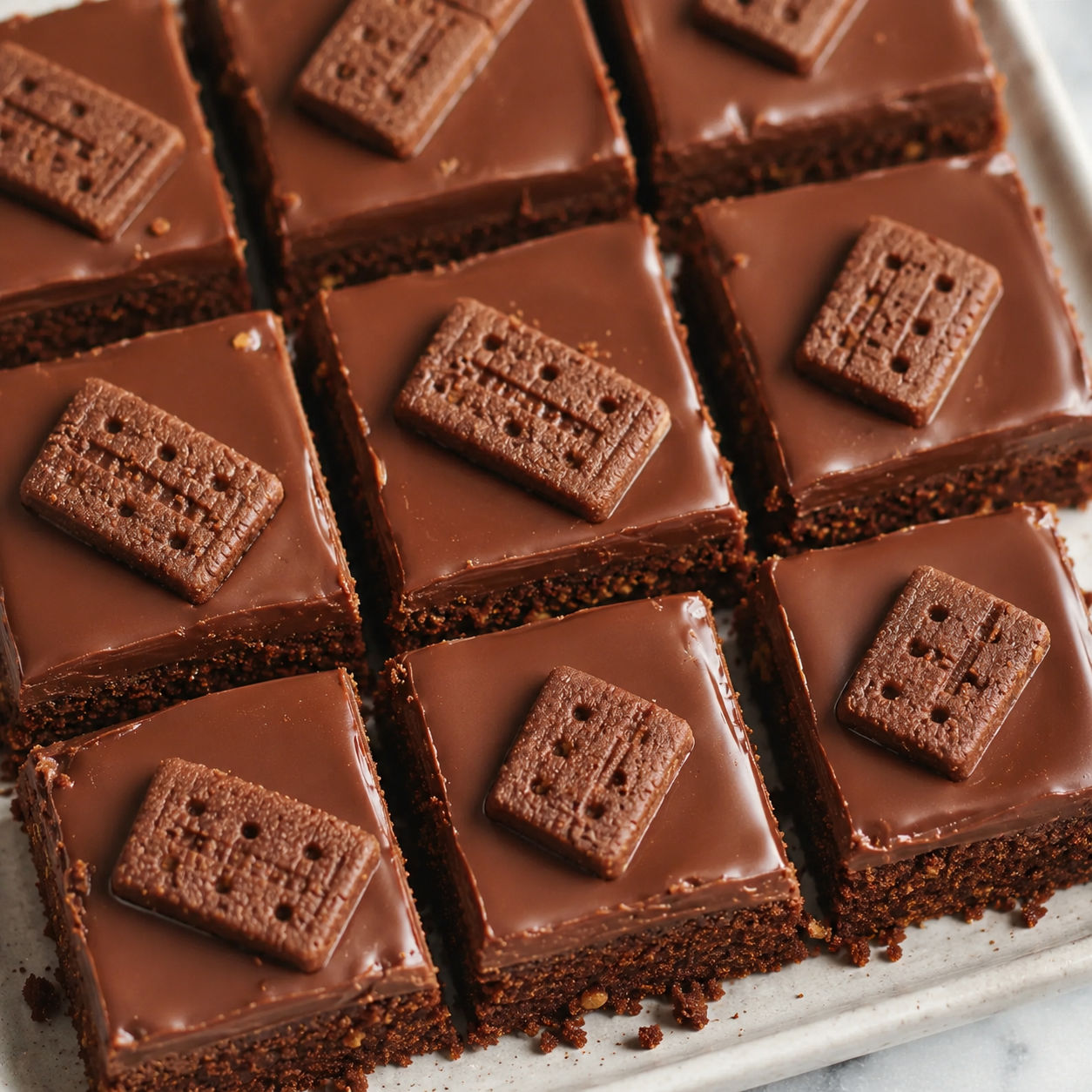 Bourbon biscuit tray bake squares with glossy chocolate topping