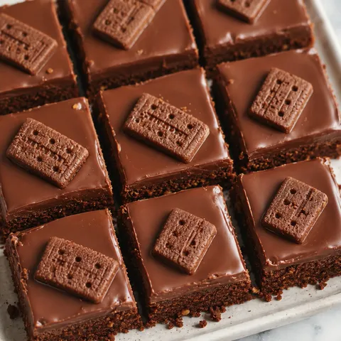 Bourbon biscuit tray bake squares with glossy chocolate topping