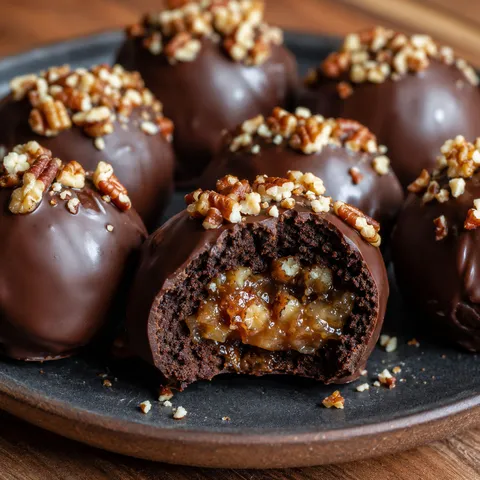 Chocolate pecan pie brownie bombs with one cut open on a dark plate
