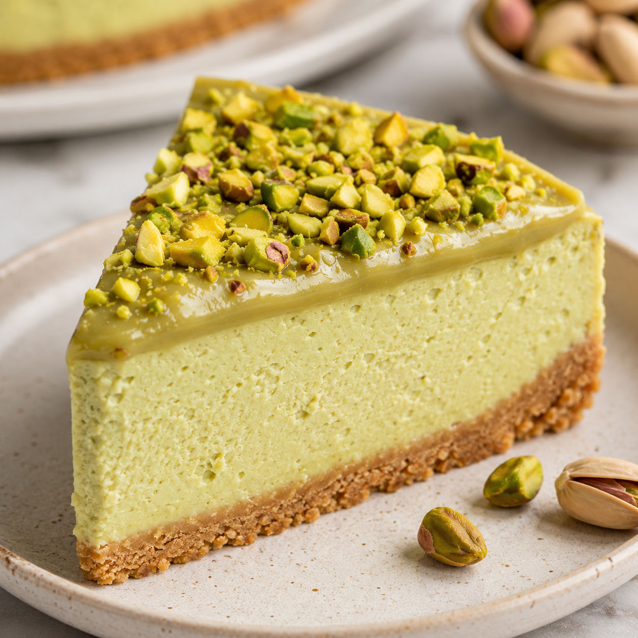 Pistachio cream cheesecake slice with chopped pistachios and graham crust