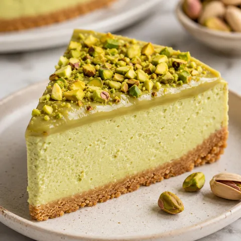 Pistachio cream cheesecake slice with chopped pistachios and graham crust