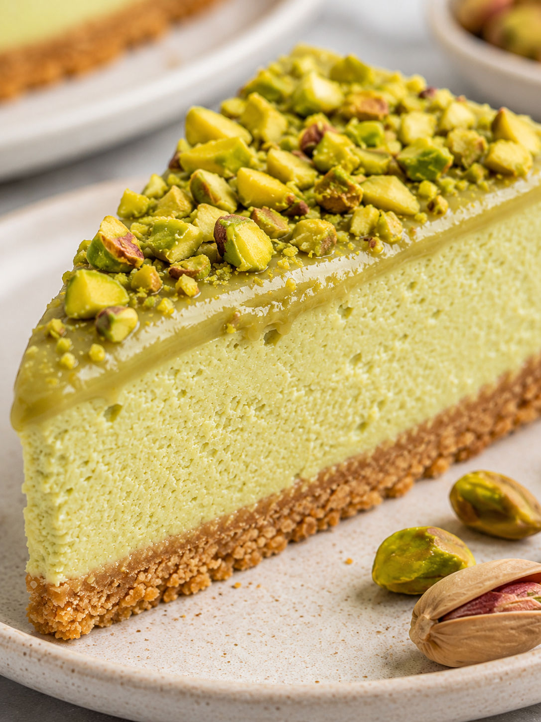 Decadent Pistachio Cream Cheesecake, plated and served