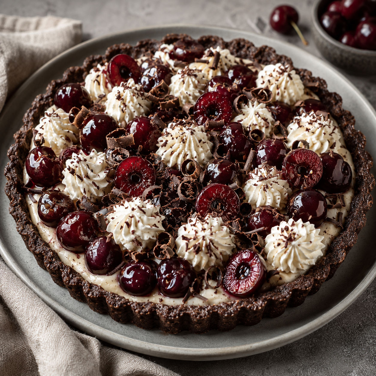 Sour cherry chocolate tart with almond cream, whipped cream, and chocolate curls