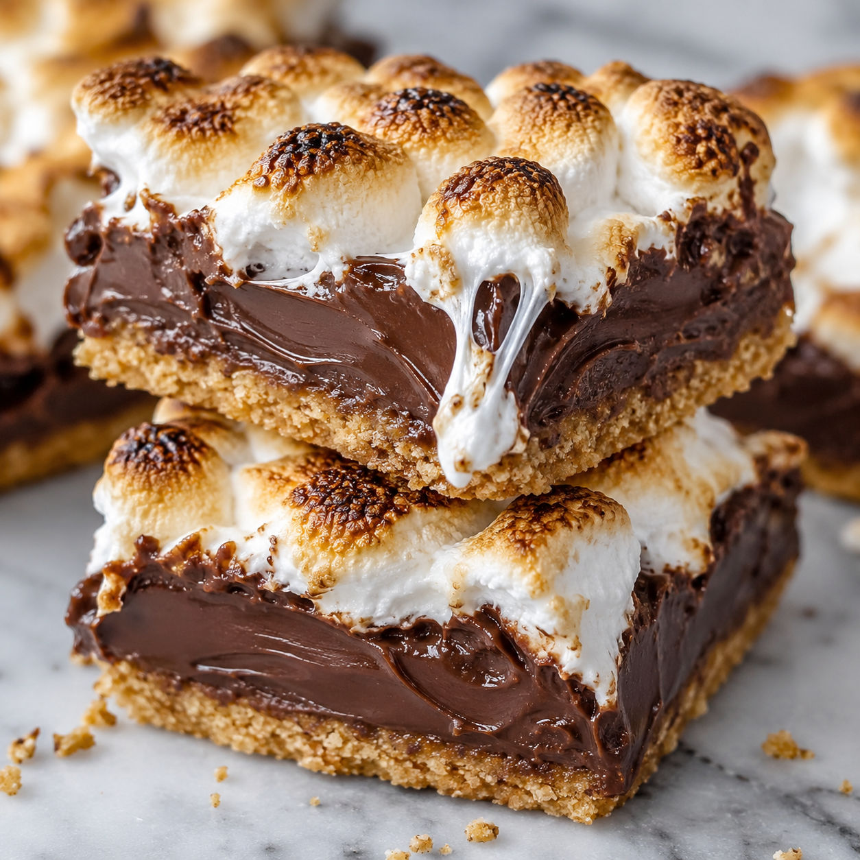 Stack of toasted marshmallow hot chocolate bars with golden charred tops