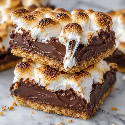 Stack of toasted marshmallow hot chocolate bars with golden charred tops