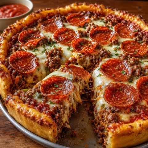 Deep dish hamburger pie with sausage, pepperoni, melted cheese, and golden crust