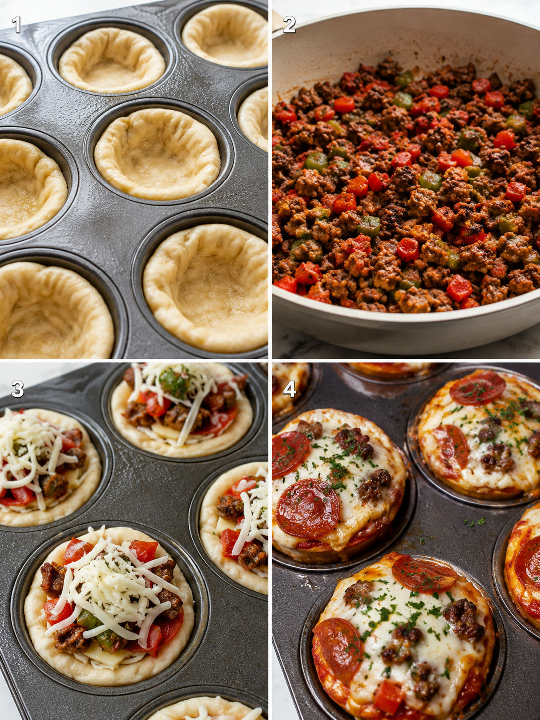 Four steps for making deep dish pizza cupcakes in a muffin pan