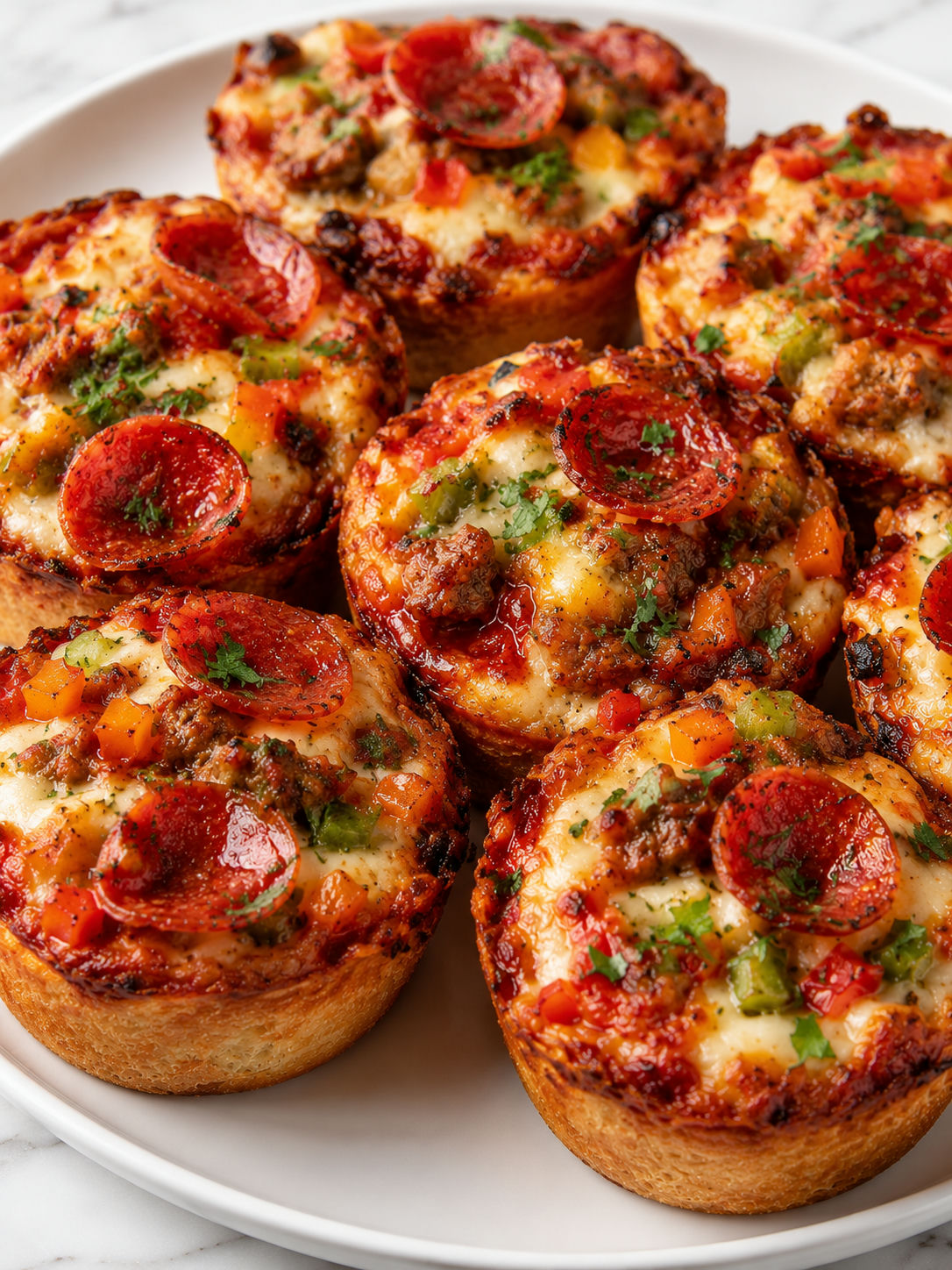 Deep dish pizza cupcakes packed with pepperoni, sauce, and bubbling cheese