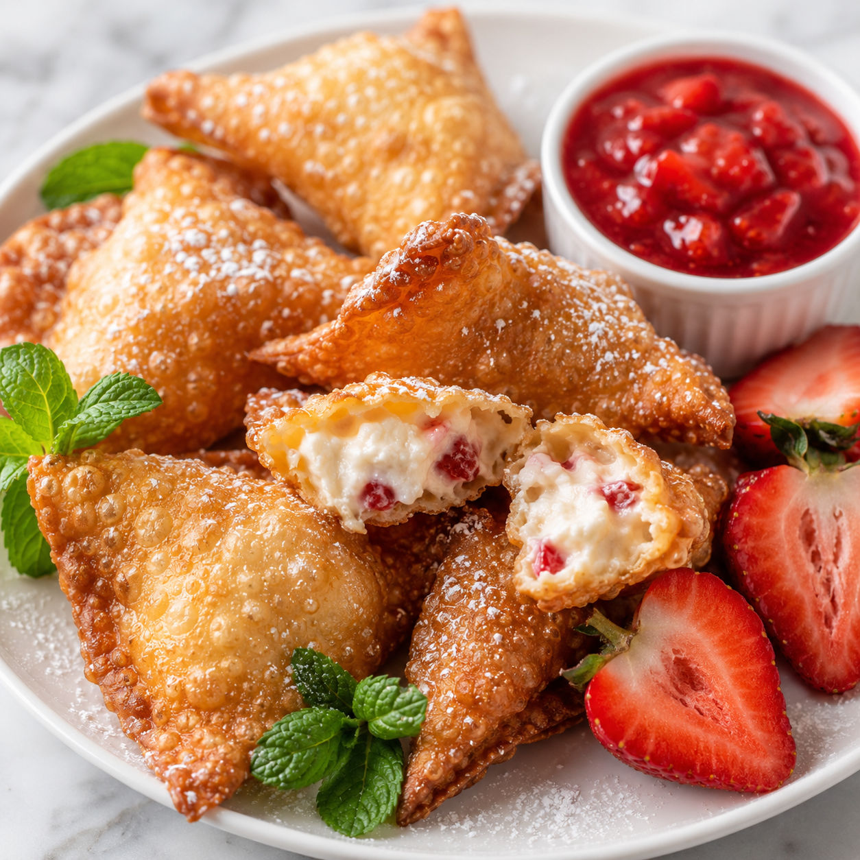 Deep-fried cheesecake wontons with strawberries and dipping sauce