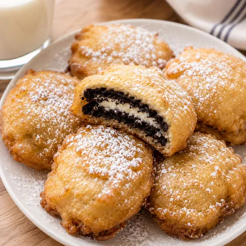 Deep Fried Oreos dusted with powdered sugar on a white plate
