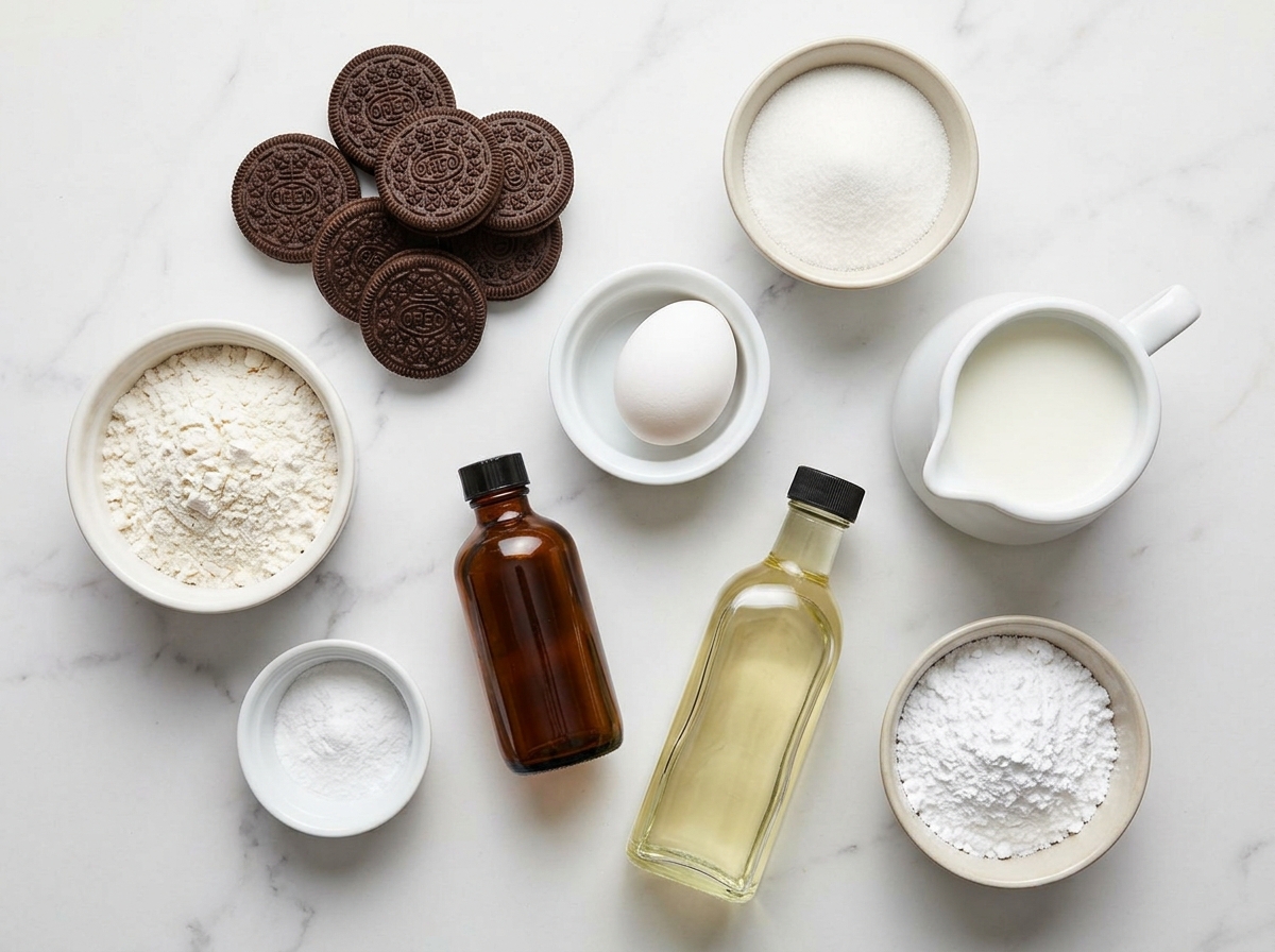 Ingredients for Deep Fried Oreos with cookies, batter ingredients, and sugar
