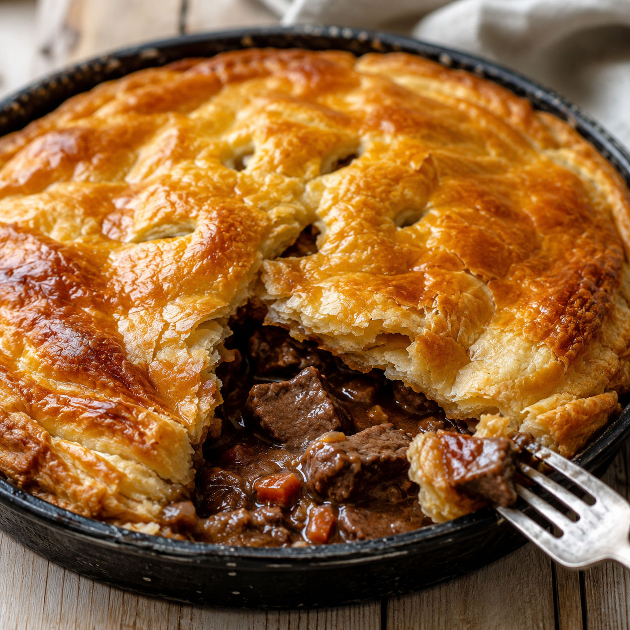 Deer and beer pot pie with golden puff pastry lid in an enamel dish