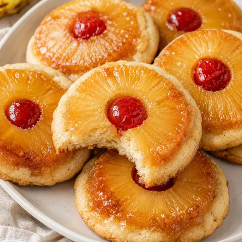 Pineapple upside-down sugar cookies with cherry centers and caramel glaze