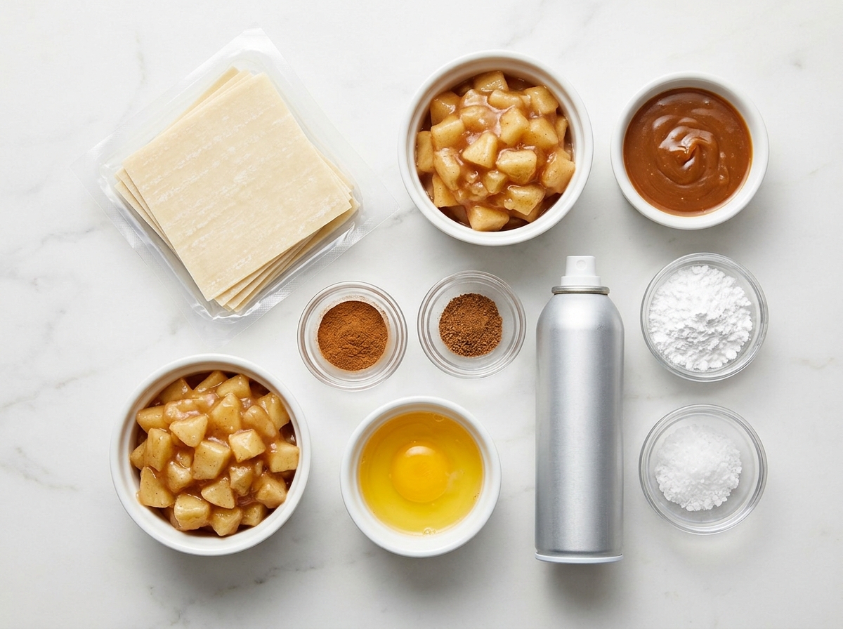 Ingredients for caramel apple wontons with wrappers, apple filling, and caramel