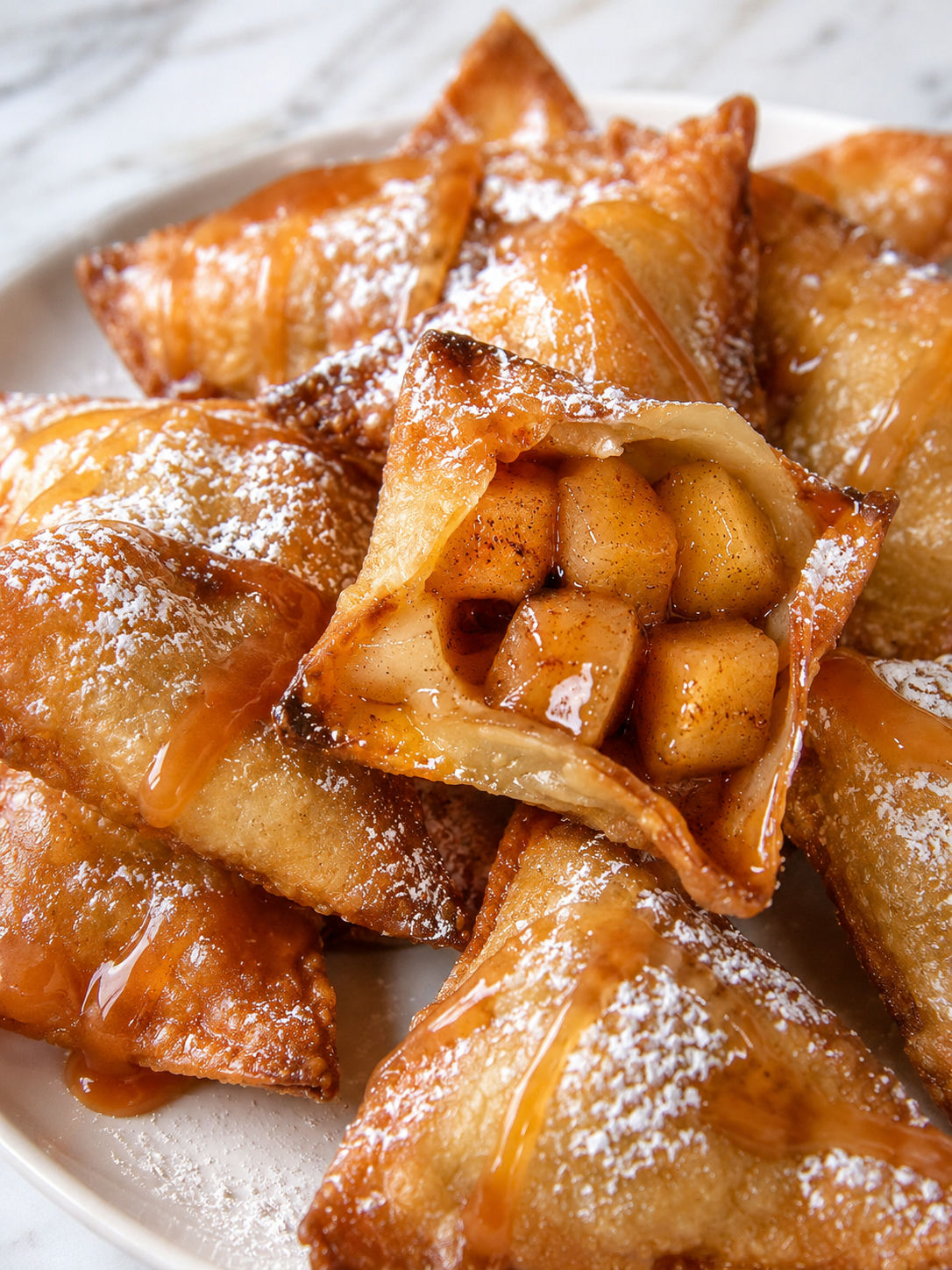 Delicious Air Fryer Caramel Apple Wontons, plated and served