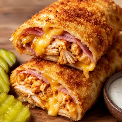 Crispy hot chicken ham and cheese wraps sliced with melted cheese