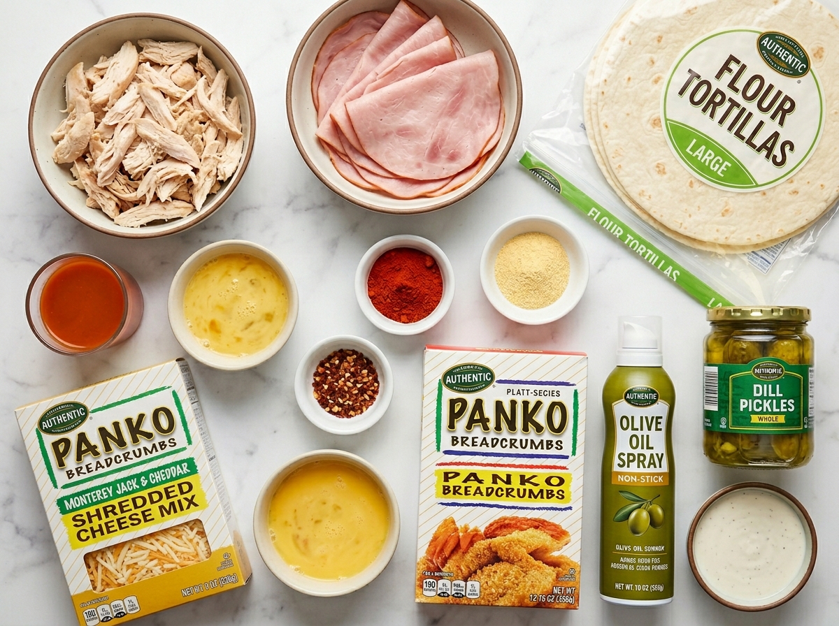 Ingredients for hot chicken ham and cheese wraps on a wooden counter