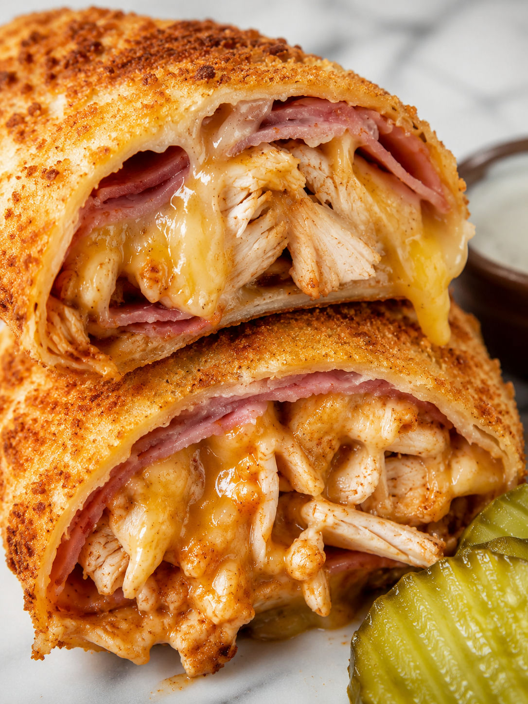 Delicious Air Fryer Hot Chicken Ham & Cheese Wraps, plated and served