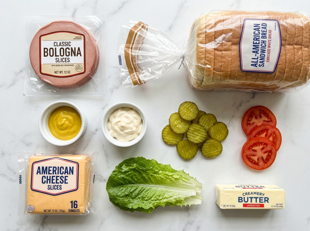 Ingredients for an air-fried bologna sandwich on a light wooden surface
