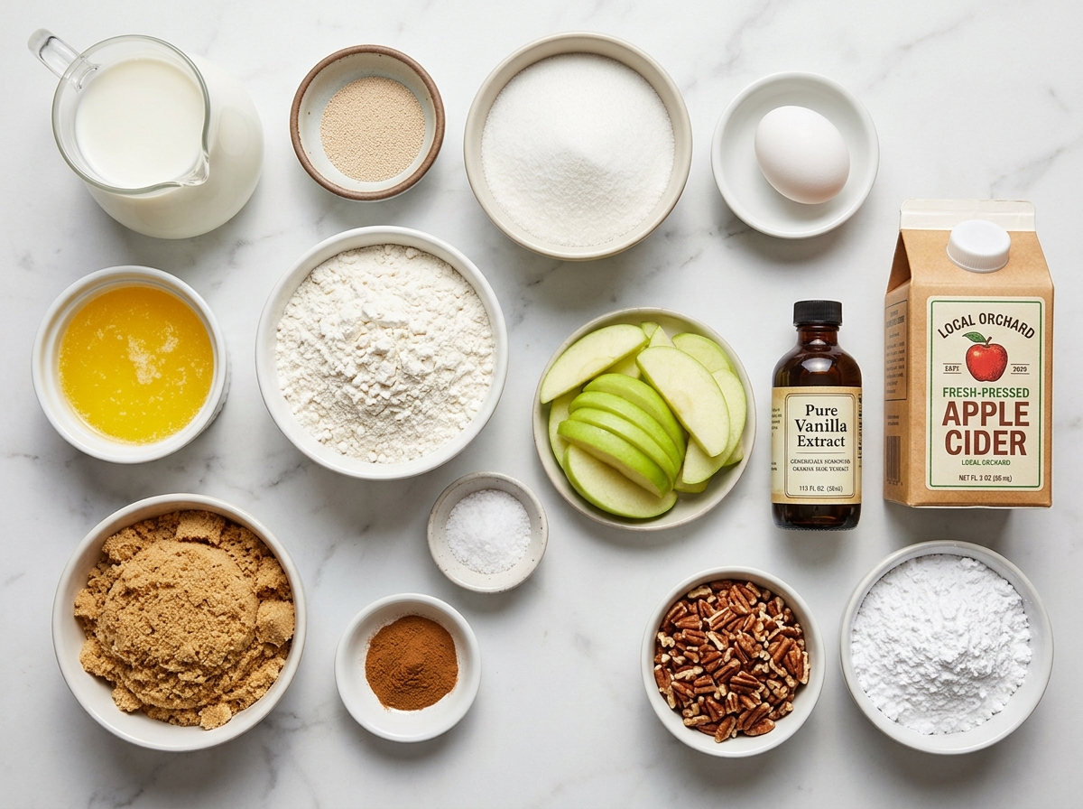 Ingredients for apple cinnamon roll cupcakes on a stone counter