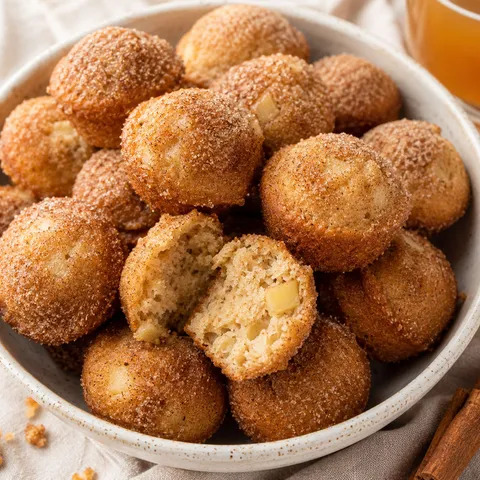 Apple donut mini muffins with cinnamon sugar in a cream bowl