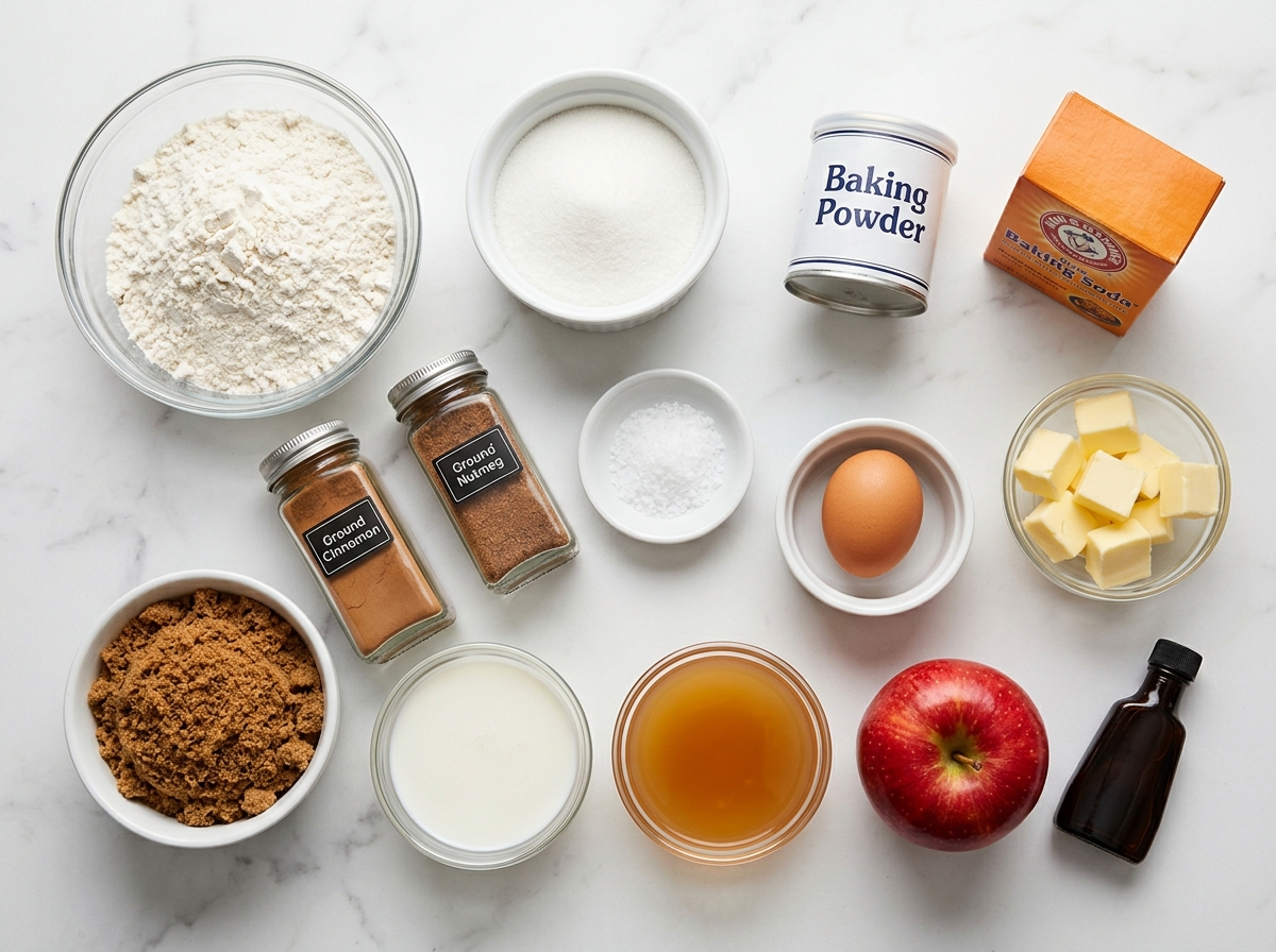 Ingredients for apple donut mini muffins with cider, apple, spice, and butter