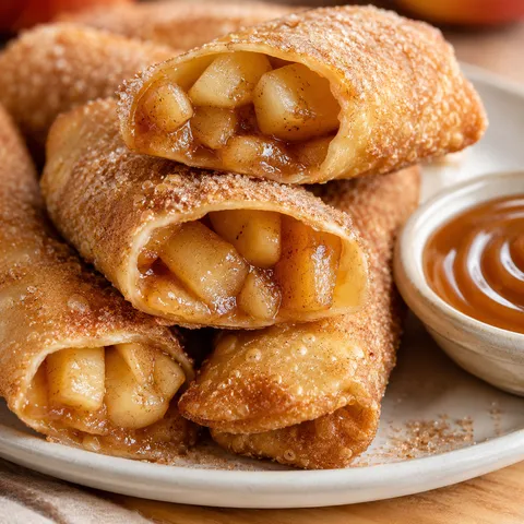Golden apple pie egg rolls with cinnamon sugar and caramel dip