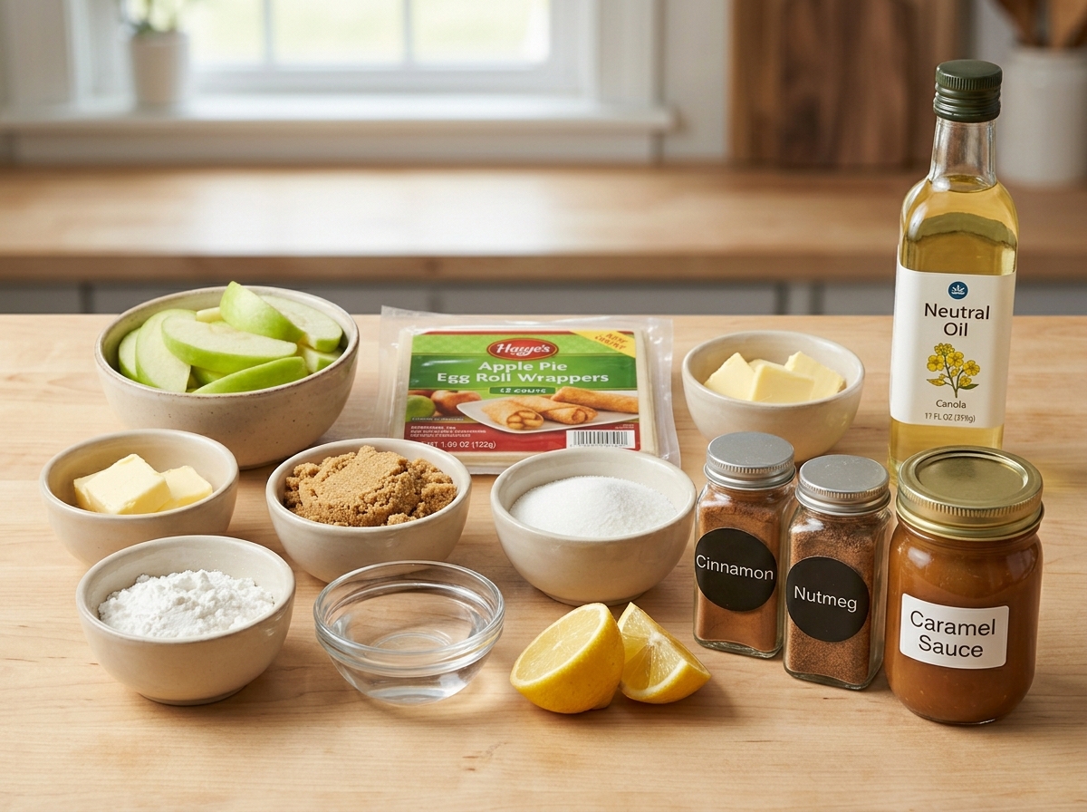 Ingredients for apple pie egg rolls with apples, wrappers, spices, and caramel