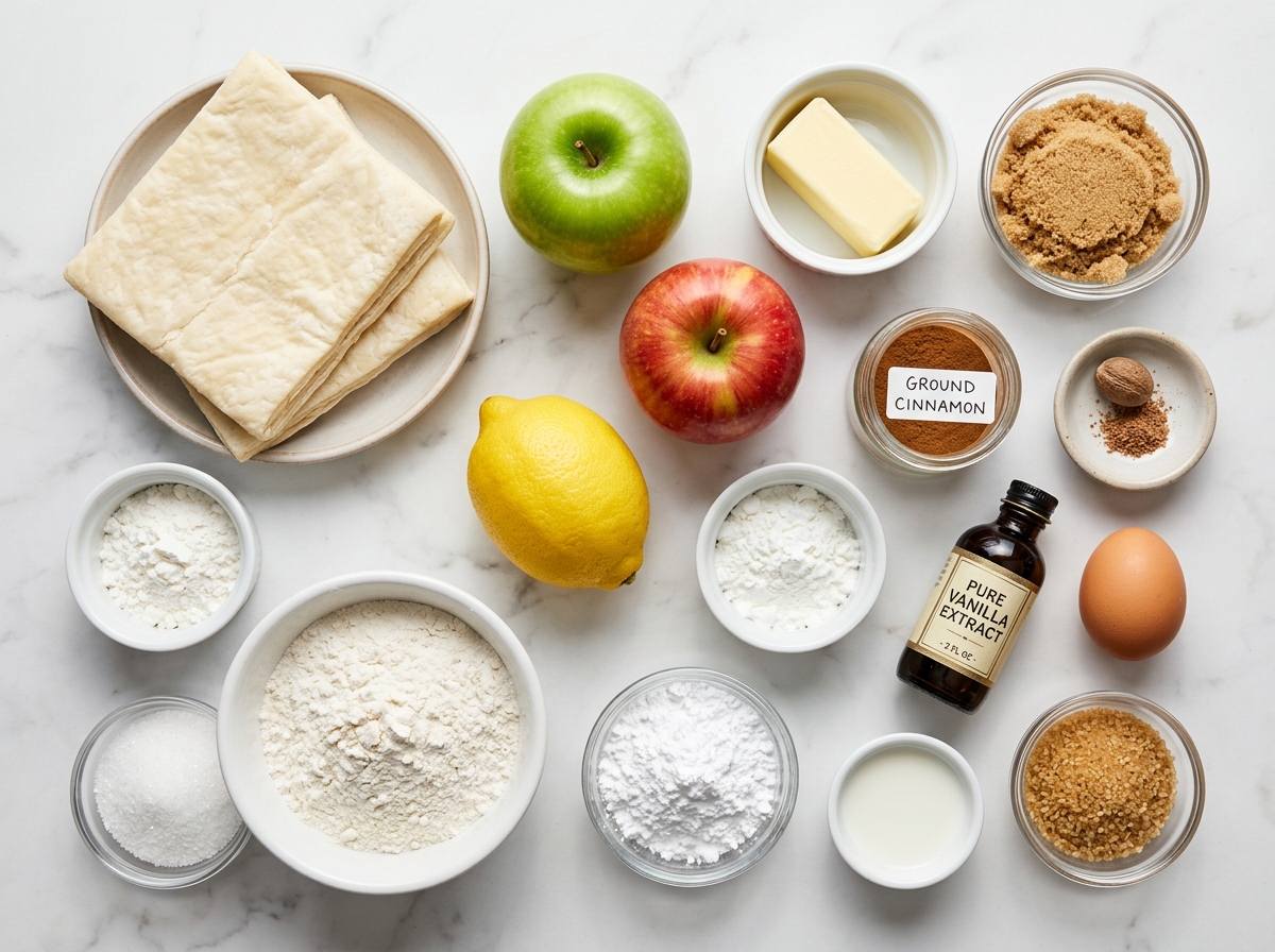 Ingredients for apple turnovers with puff pastry, apples, spices, and glaze