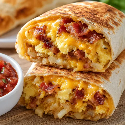 Bacon egg and cheese breakfast burrito with melted cheddar and salsa