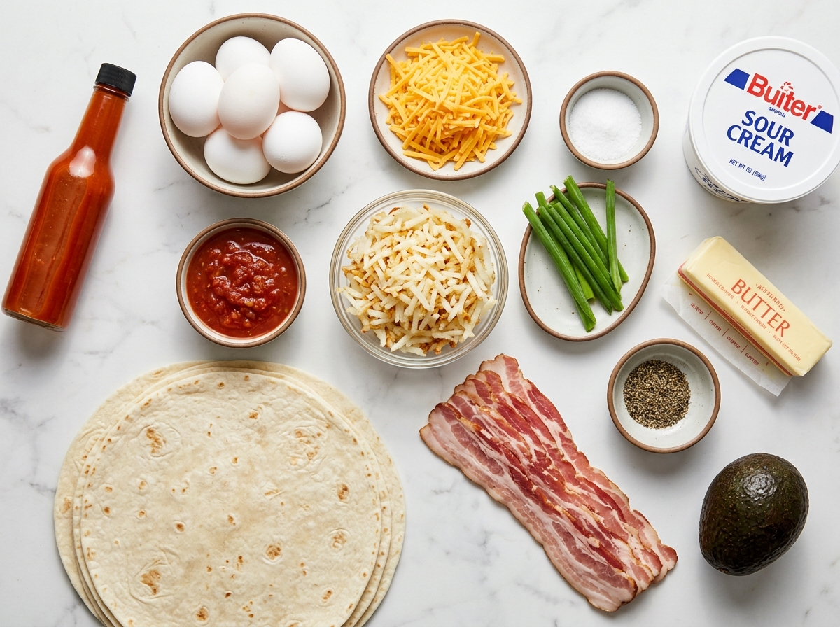Ingredients for bacon egg and cheese breakfast burritos on a wooden counter