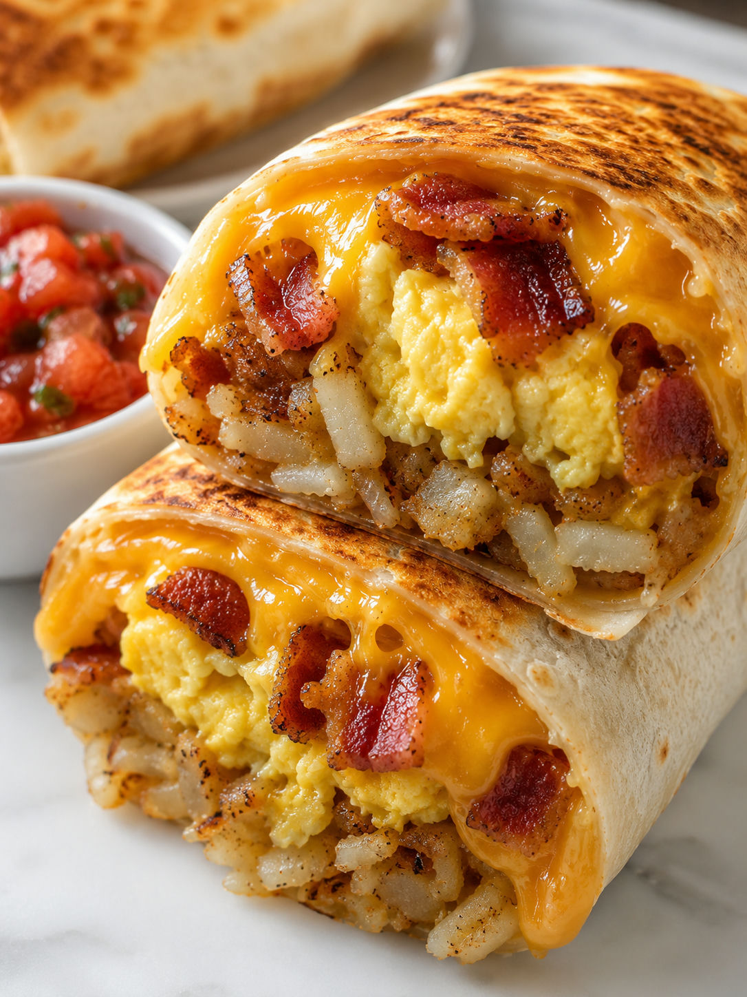 Delicious Bacon Egg and Cheese Breakfast Burritos, plated and served