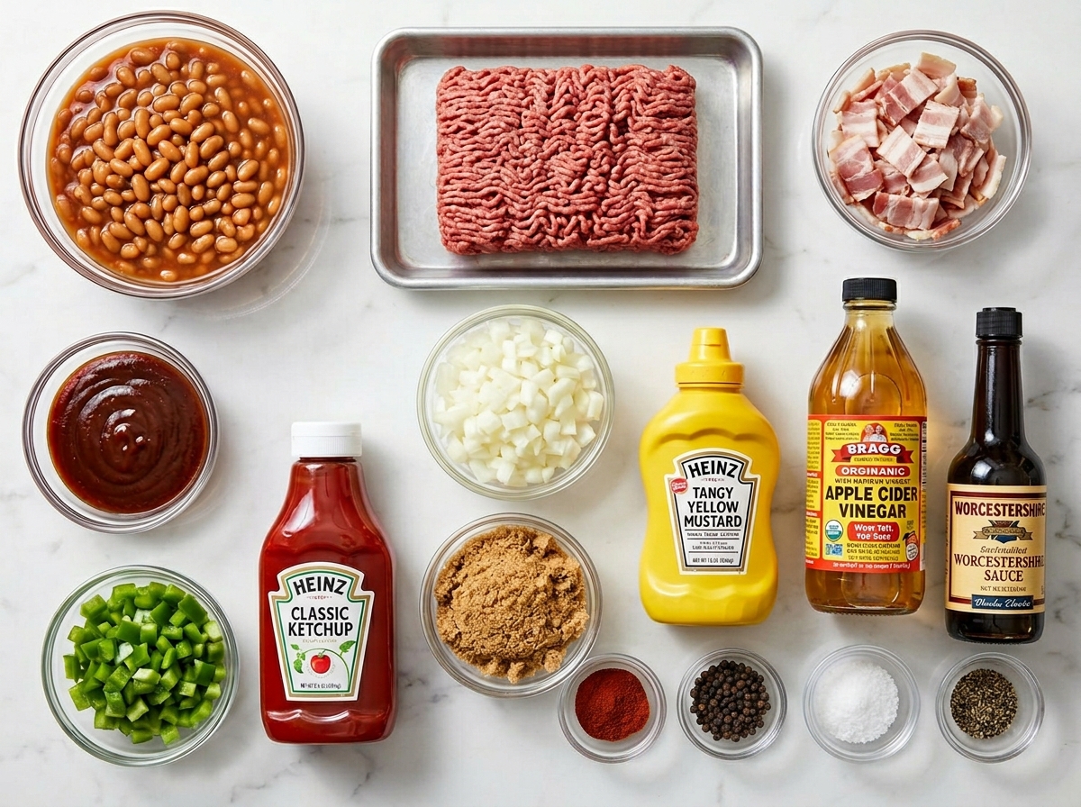 Ingredients for baked beans with ground beef, bacon, onion, pepper, and sauce
