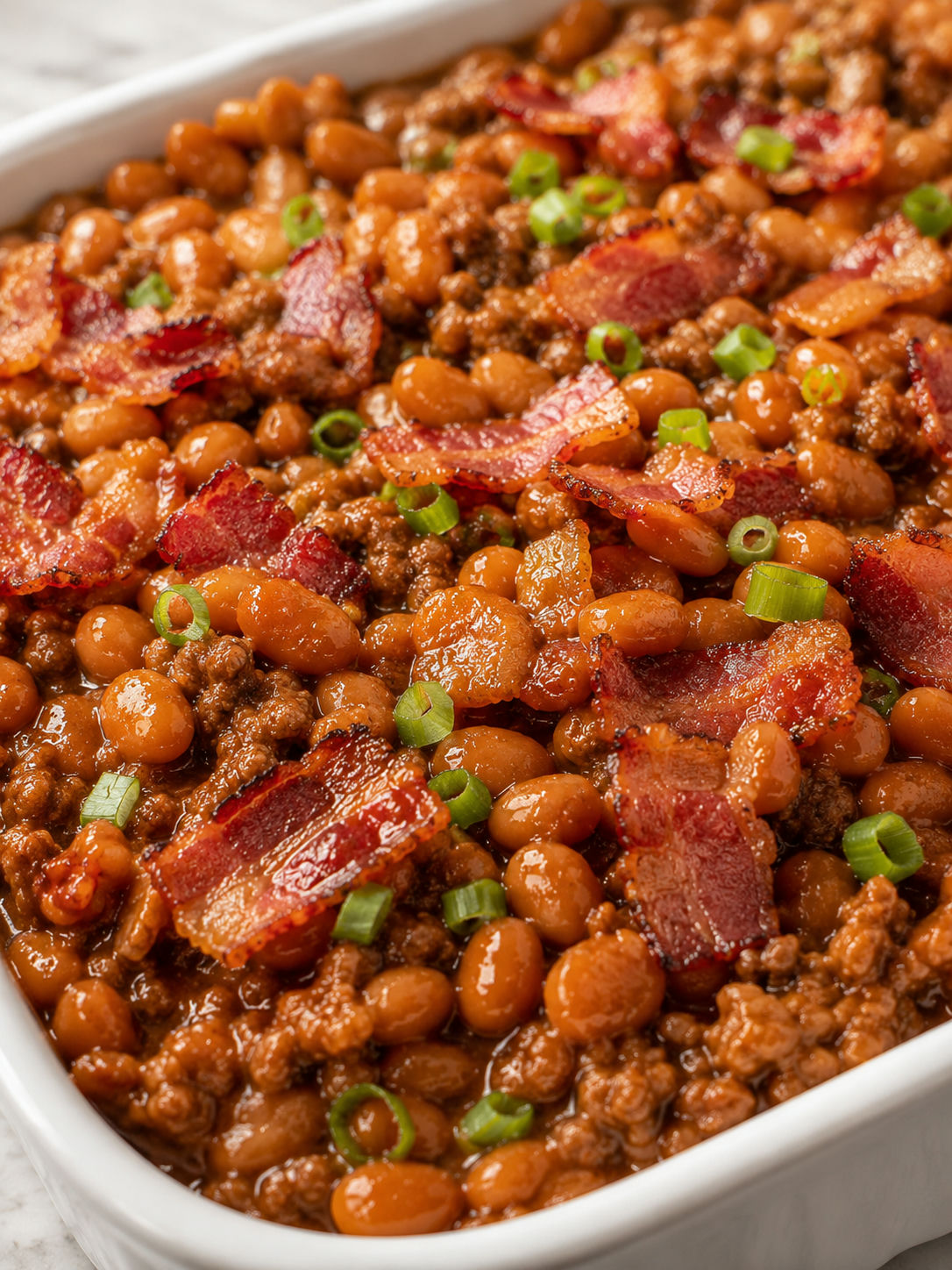 Delicious Baked Beans with Ground Beef and Bacon, plated and served