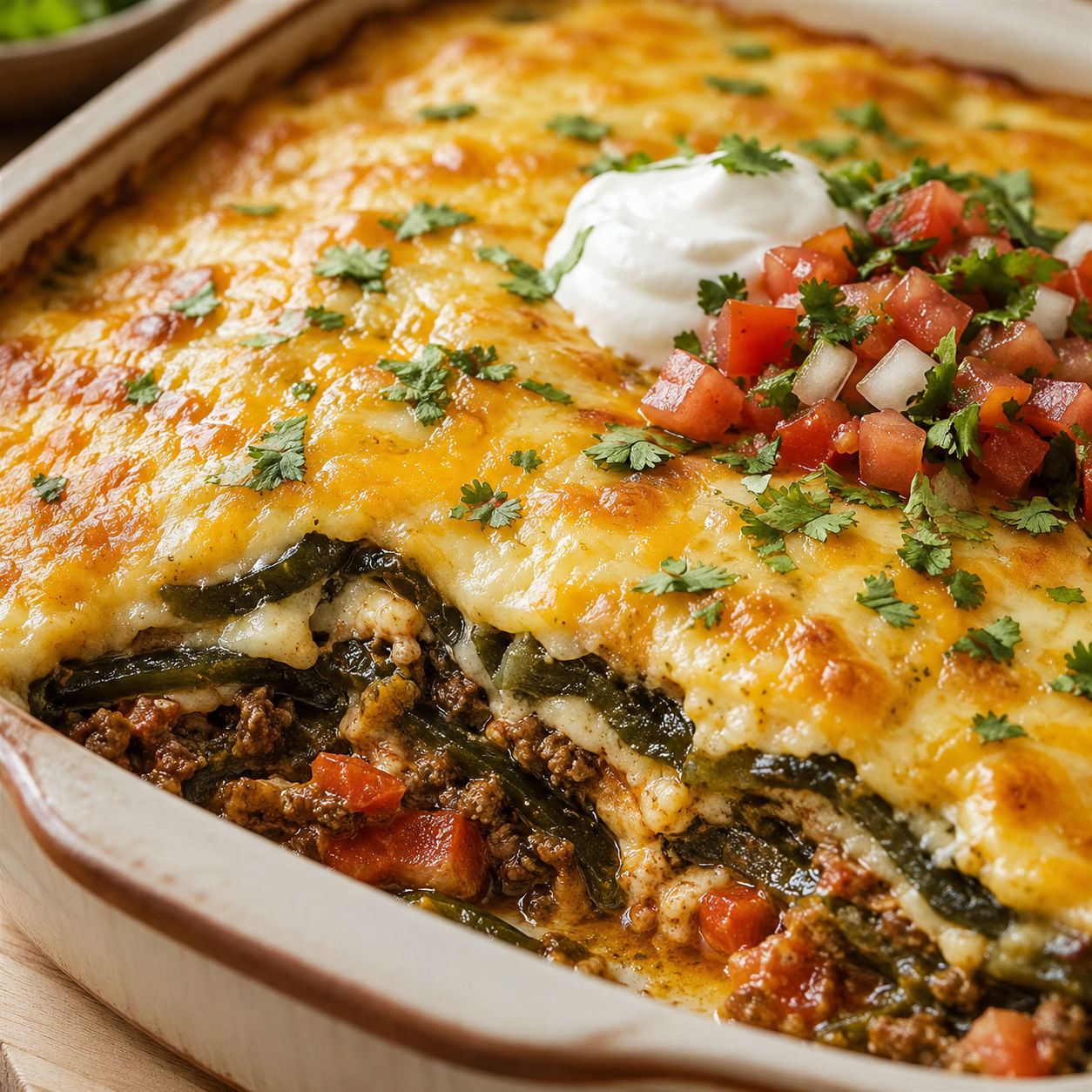 Baked beef chiles rellenos casserole with melted cheese and poblanos
