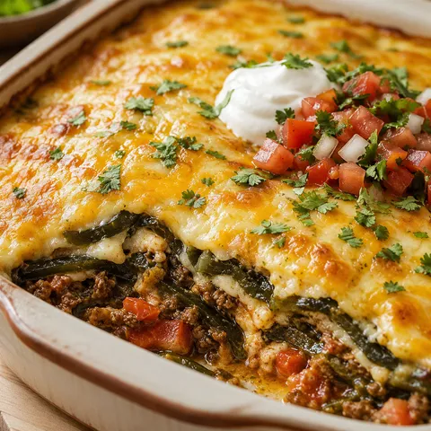 Baked beef chiles rellenos casserole with melted cheese and poblanos
