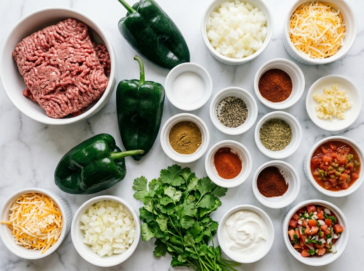 Poblanos, ground beef, tomatoes, spices, and cheese for casserole