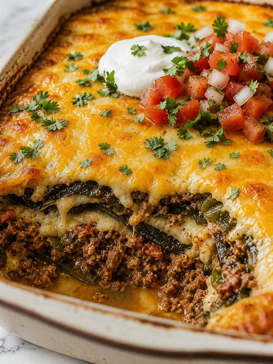 Delicious Baked Beef Chiles Rellenos Casserole, plated and served