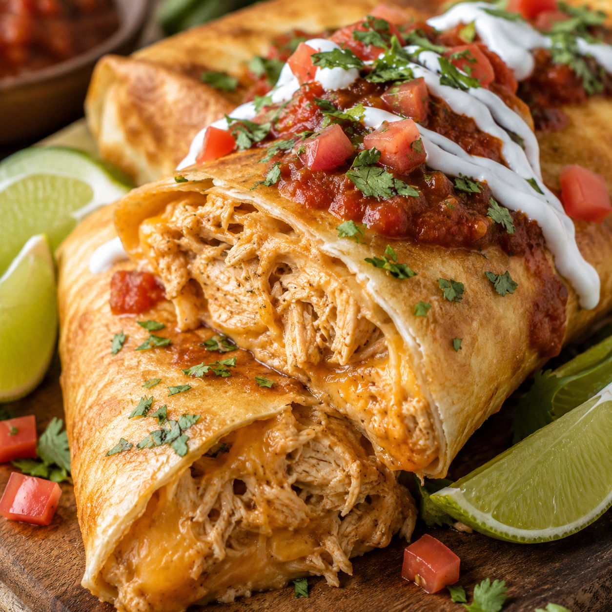 Baked chicken chimichangas with salsa, sour cream, and cilantro