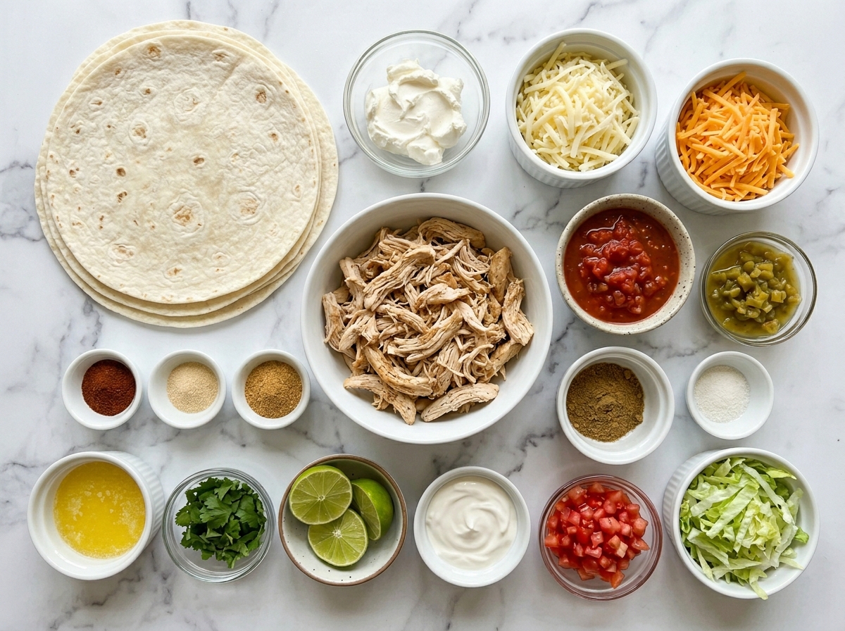 Chicken chimichanga ingredients with tortillas, cheese, salsa, and green chiles