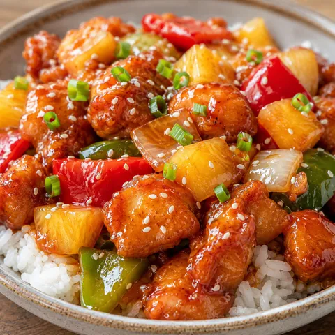 Baked sweet and sour chicken with pineapple and peppers over rice