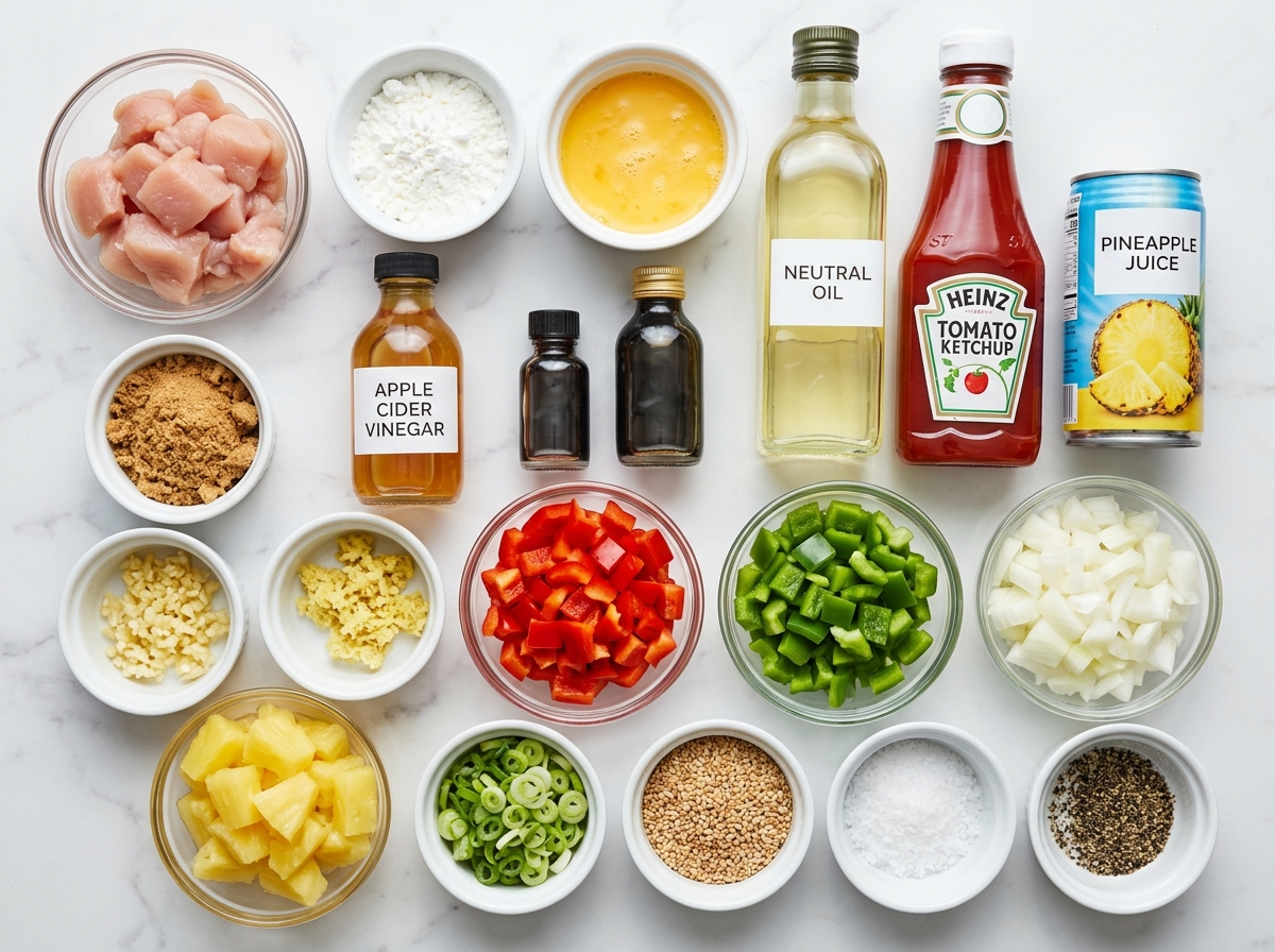 Ingredients for baked sweet and sour chicken on a wooden surface