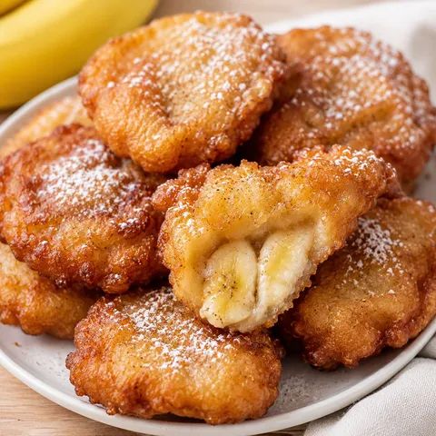 Golden banana fritters dusted with powdered sugar on a white plate