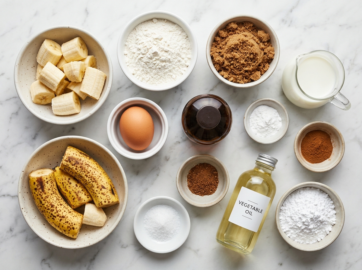 Ingredients for banana fritters with ripe bananas, flour, egg, milk, and spices