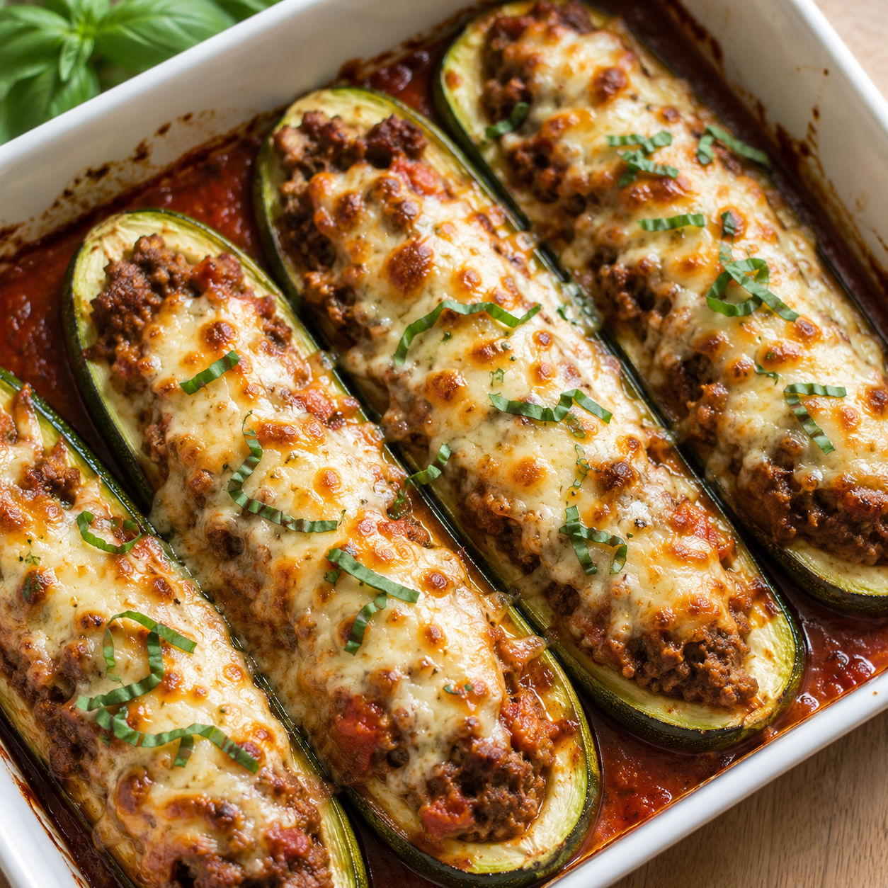 Baked beef stuffed zucchini boats with melted cheese and tomato sauce in a white dish