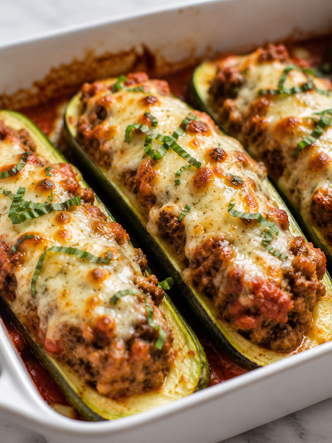 Delicious Beef Stuffed Zucchini Boats, plated and served