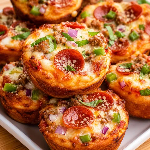Deep dish pizza cupcakes with pepperoni, mozzarella, basil, and golden crust