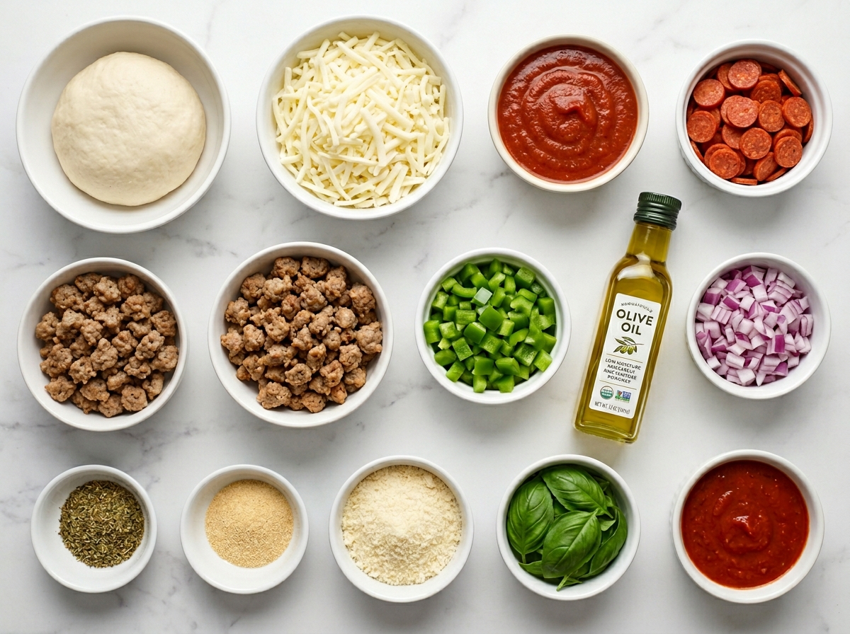 Pizza cupcake ingredients with dough, mozzarella, sauce, pepperoni, and vegetables