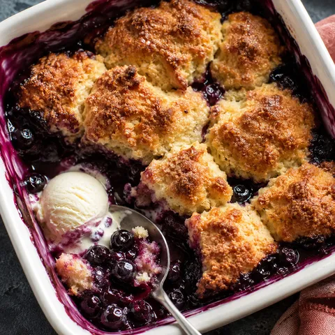 Blueberry cobbler with golden biscuit topping and melting vanilla ice cream